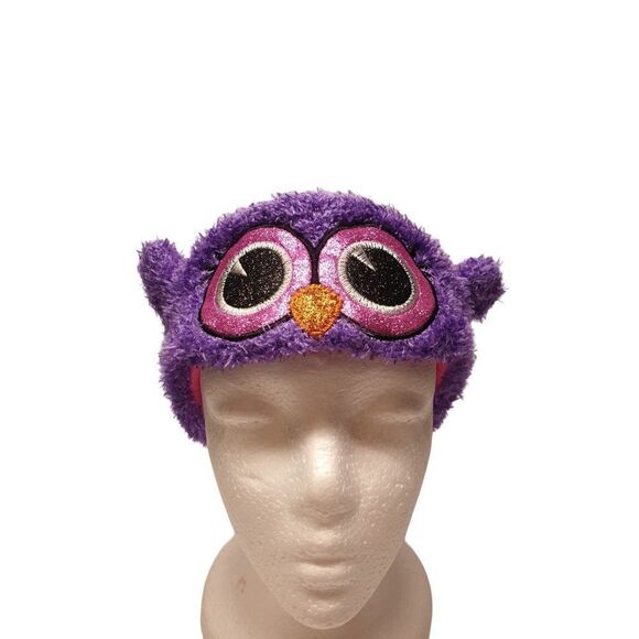 Girls Winter Fleece Ear Warmer Headband Purple Owl Eyes Plush Headband - Picture 1 of 6